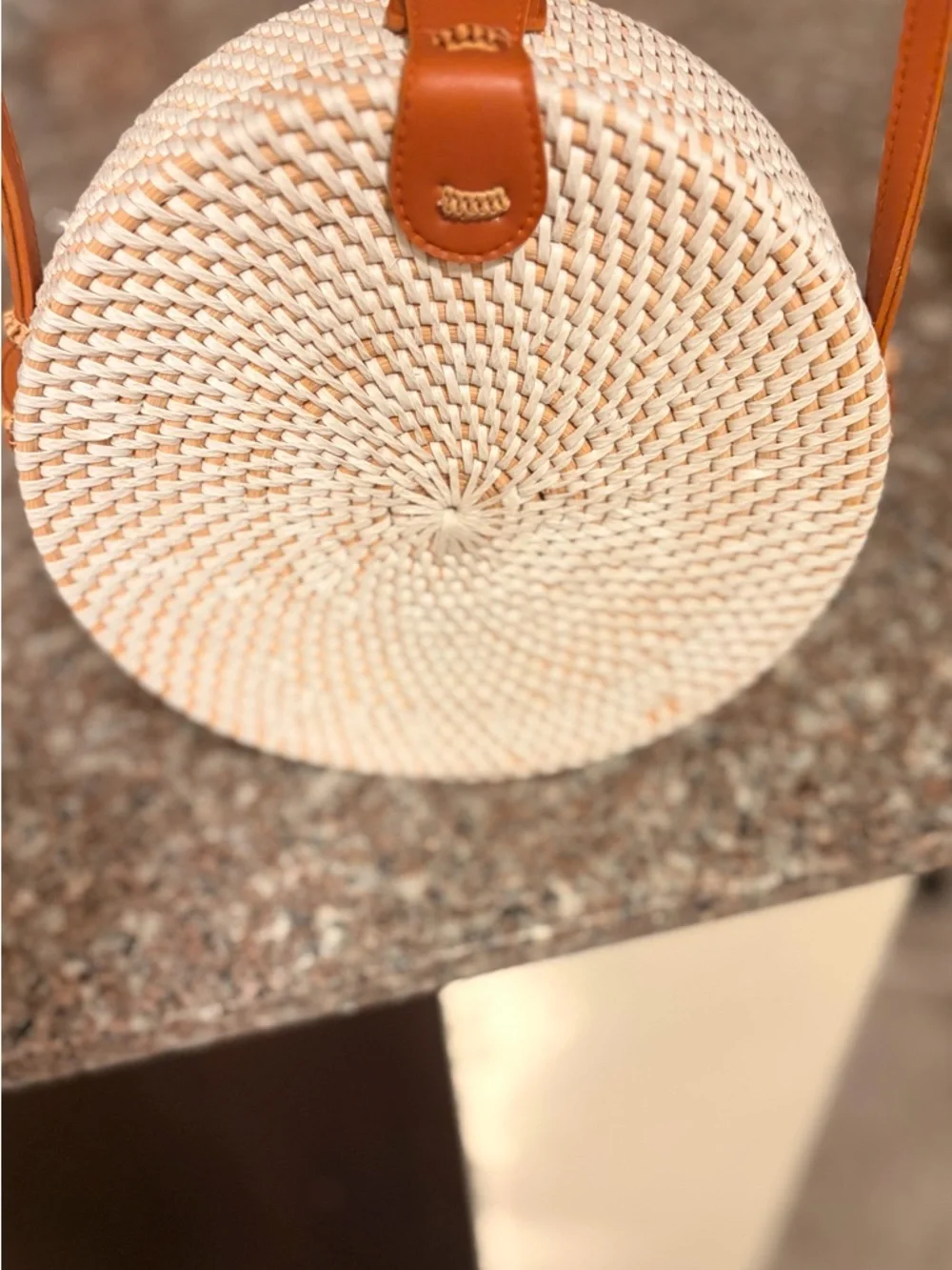 Bali 8” diameter Cream Woven Round Mini Bag with Brown leather Strap - Picture 3 of 6